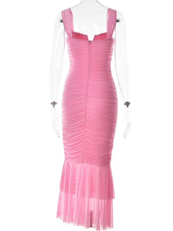 Sexy Fishtail Dress with Suspender Stitching displayed on a mannequin, showing the full design and pleated fit.