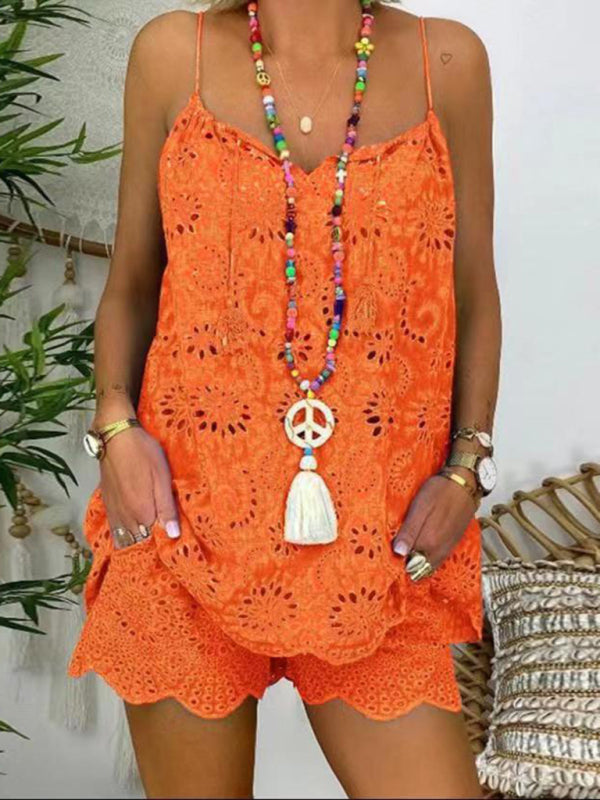 Women's Sleeveless Drawstring Ruffled Hollow Camisole Embroidered Shorts Suit Co-ord Set KC Global