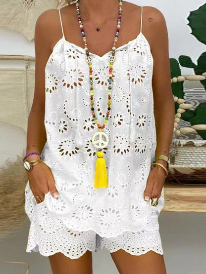 Women's Sleeveless Drawstring Ruffled Hollow Camisole Embroidered Shorts Suit Co-ord Set KC Global