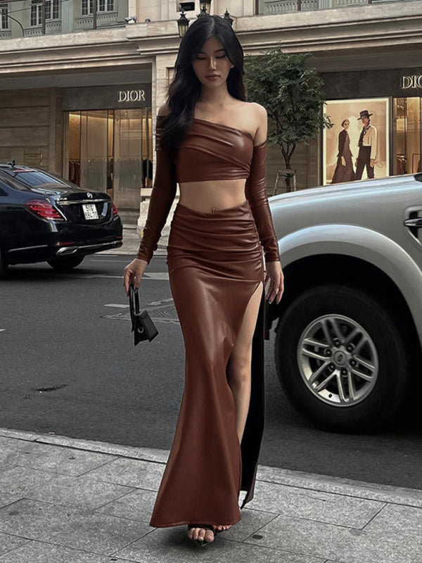 PU Leather Crop Top Tight Slit Hip Skirt Combo KC Global