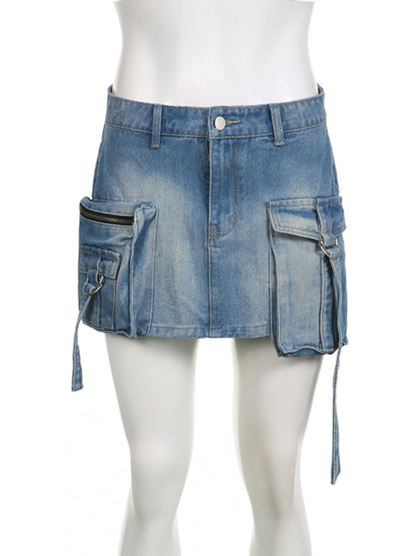 Women's Irregular Big Pocket High Waist Zipper Denim Skirt KC Global