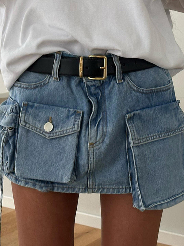 Women's Irregular Big Pocket High Waist Zipper Denim Skirt KC Global