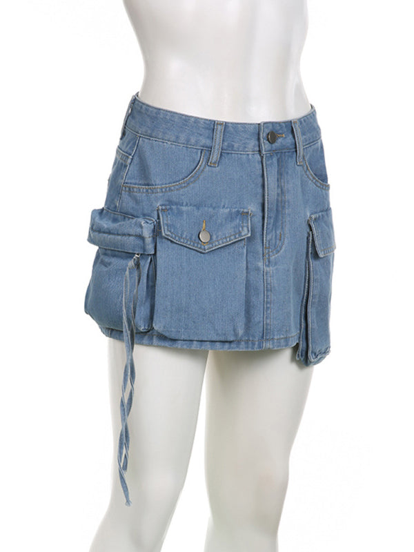 Women's Irregular Big Pocket High Waist Zipper Denim Skirt KC Global