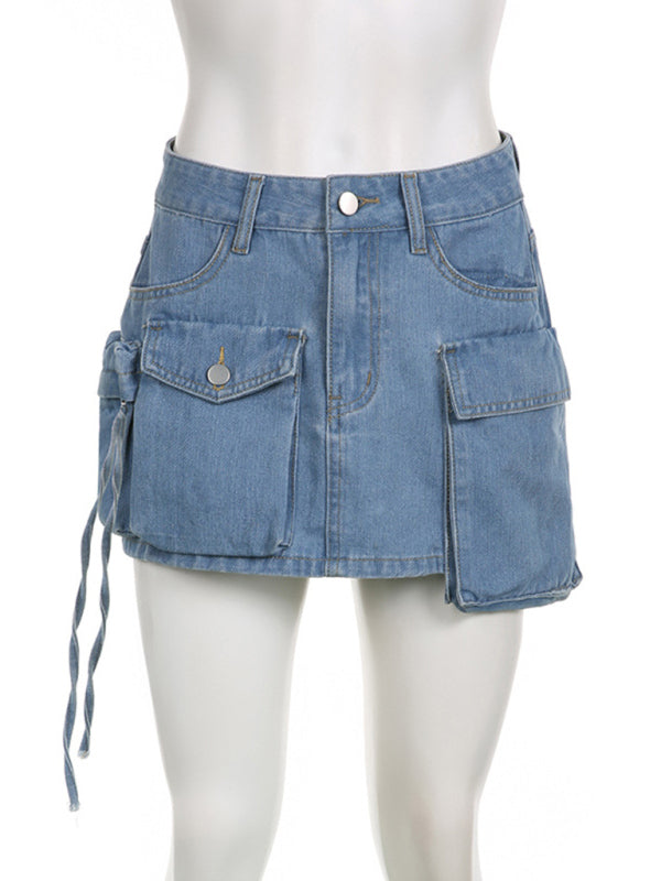 Women's Irregular Big Pocket High Waist Zipper Denim Skirt KC Global