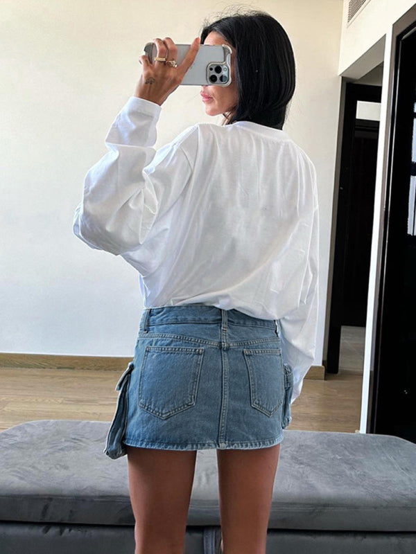 Women's Irregular Big Pocket High Waist Zipper Denim Skirt KC Global