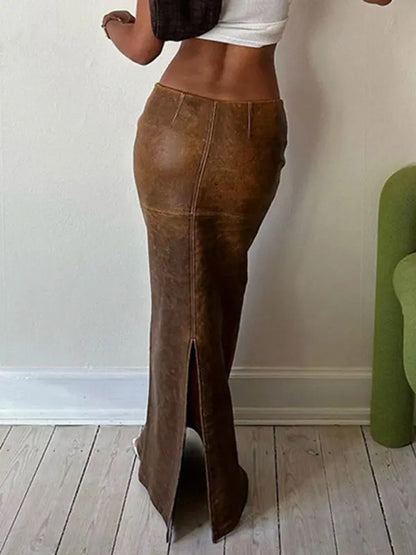 Women's New American Hot Girl Retro Brown Back Slit Leather Low Waist Covered Hip Skirt KC Global