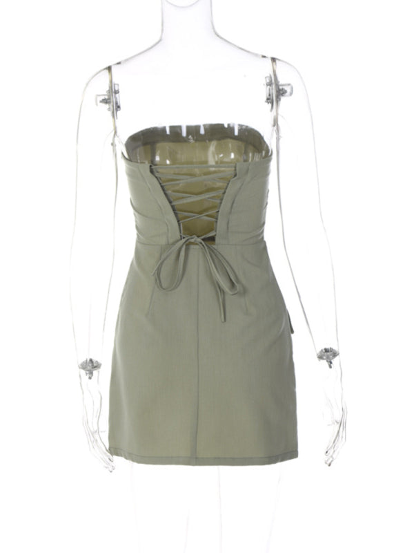 Elegant Lace-Up Hollow Strapless Short Dress displayed on a mannequin, showing the detailed design and fit.