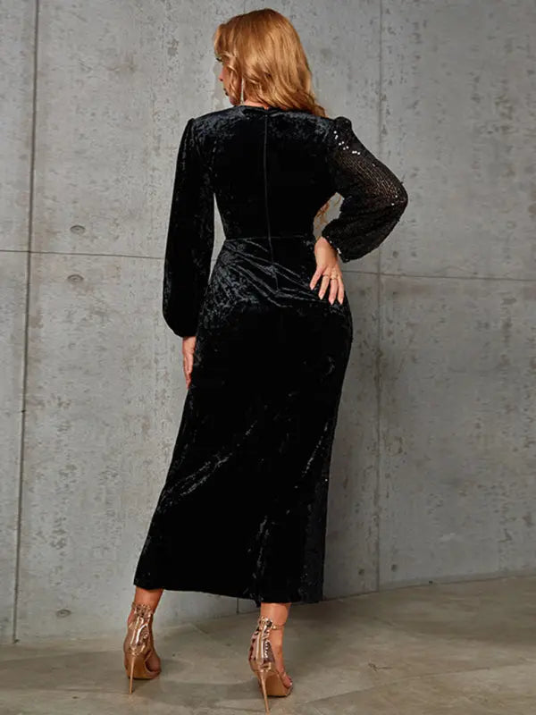 Sequined velvet patchwork high slit sexy evening dress KC Global