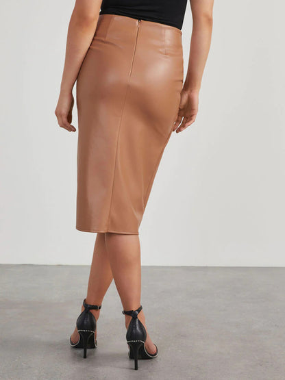 Solid Colour Sensation Mid-Length Chic Leather Skirt with a Sultry Slit KC Global