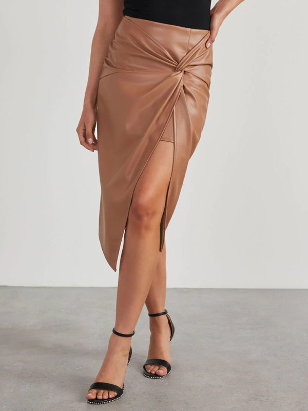 Solid Colour Sensation Mid-Length Chic Leather Skirt with a Sultry Slit KC Global