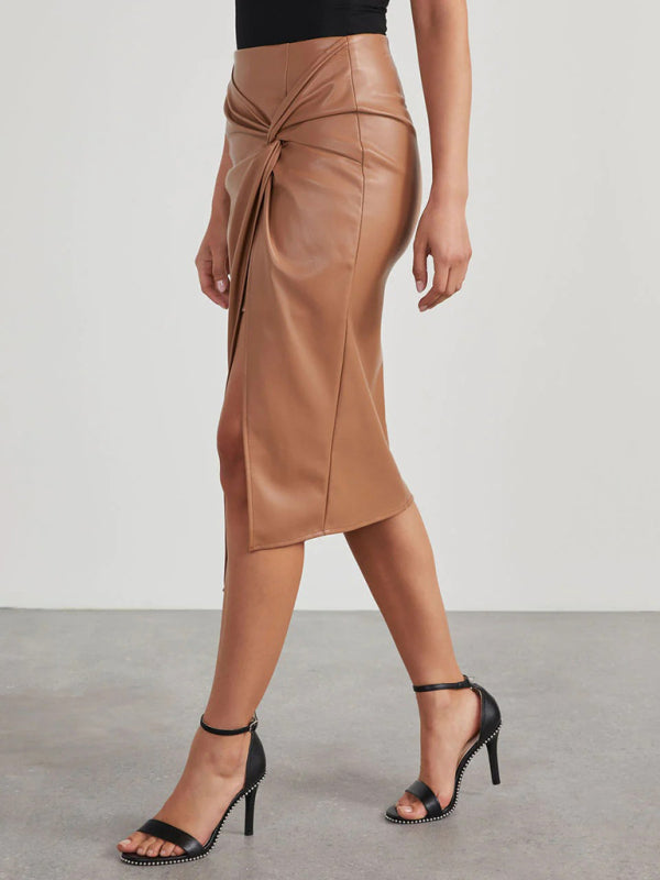 Solid Colour Sensation Mid-Length Chic Leather Skirt with a Sultry Slit KC Global