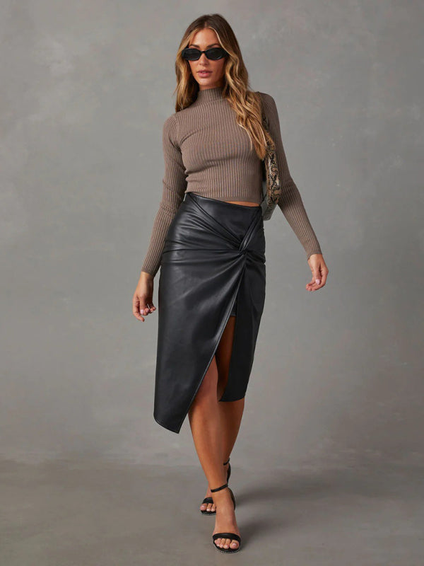 Solid Colour Sensation Mid-Length Chic Leather Skirt with a Sultry Slit KC Global