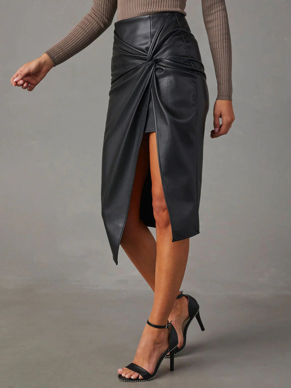 Solid Colour Sensation Mid-Length Chic Leather Skirt with a Sultry Slit KC Global