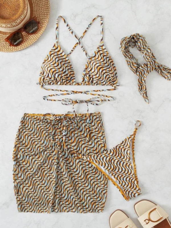 New sexy wave pattern printed beach swimsuit bikini three-piece set KC Global