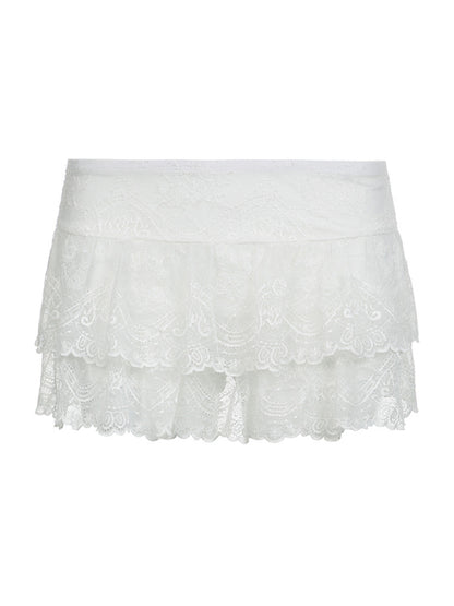 Women's solid color high waist stretch double layer lace cake mini skirt pants