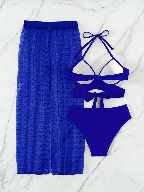 Solid color bikini sexy mesh skirt three-piece set KC Global