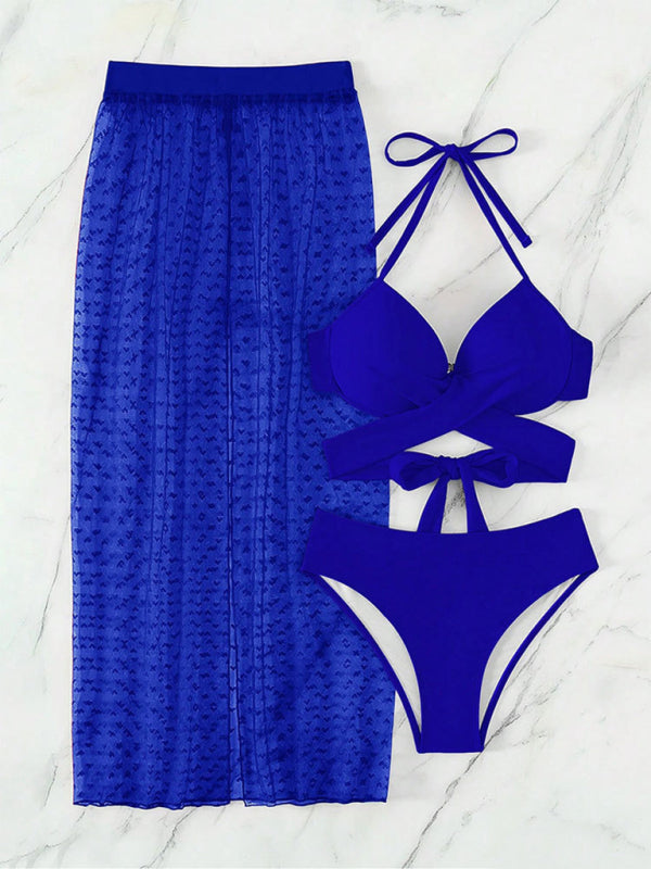 Solid color bikini sexy mesh skirt three-piece set KC Global