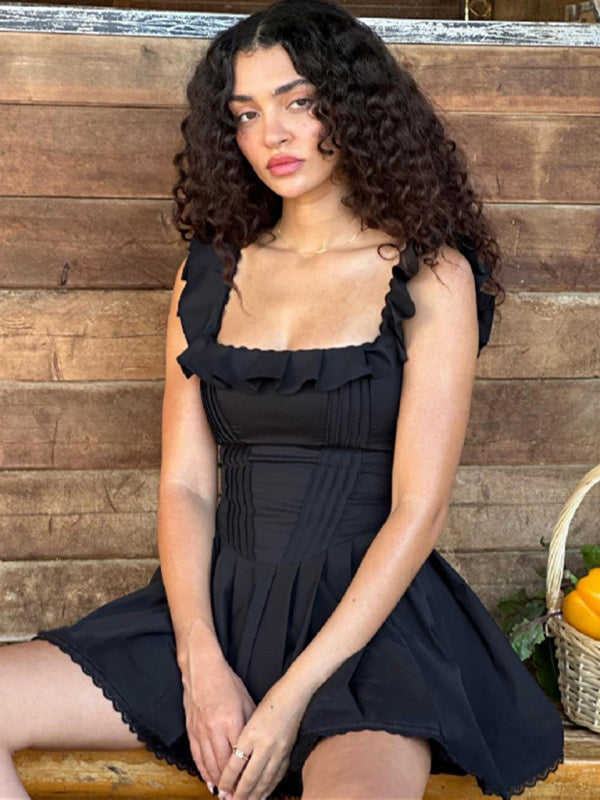 Model posing in French Style Square Neck Corset Dress with Trim, demonstrating the stylish and chic fit.