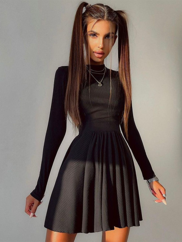 Hot Girl Solid Color Round Neck Hollow Back A-Line Skirt Long Sleeve Dress KC Global