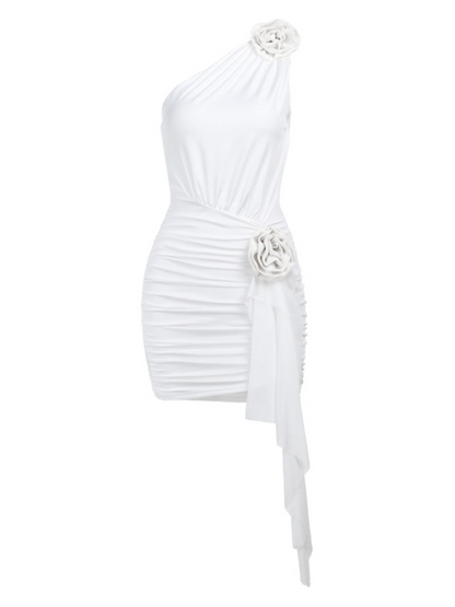 Elegant One Shoulder Floral Applique Bodycon Dress in white displayed on a mannequin, showing the bodycon fit and floral design.