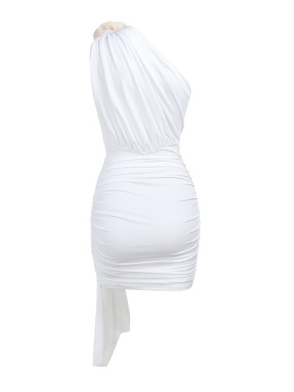 Elegant One Shoulder Floral Applique Bodycon Dress in white displayed on a mannequin, showing the bodycon fit and floral design.