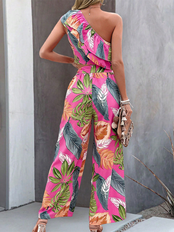 Model posing in Off-Shoulder Contrast Colour Print Co-ord Set with Wide-Leg Pants, demonstrating the chic fit.