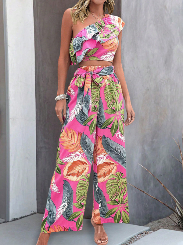 Model posing in Off-Shoulder Contrast Colour Print Co-ord Set with Wide-Leg Pants, demonstrating the chic fit.