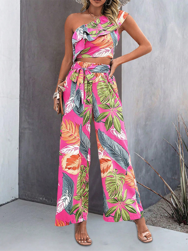 Model posing in Off-Shoulder Contrast Colour Print Co-ord Set with Wide-Leg Pants, demonstrating the chic fit.