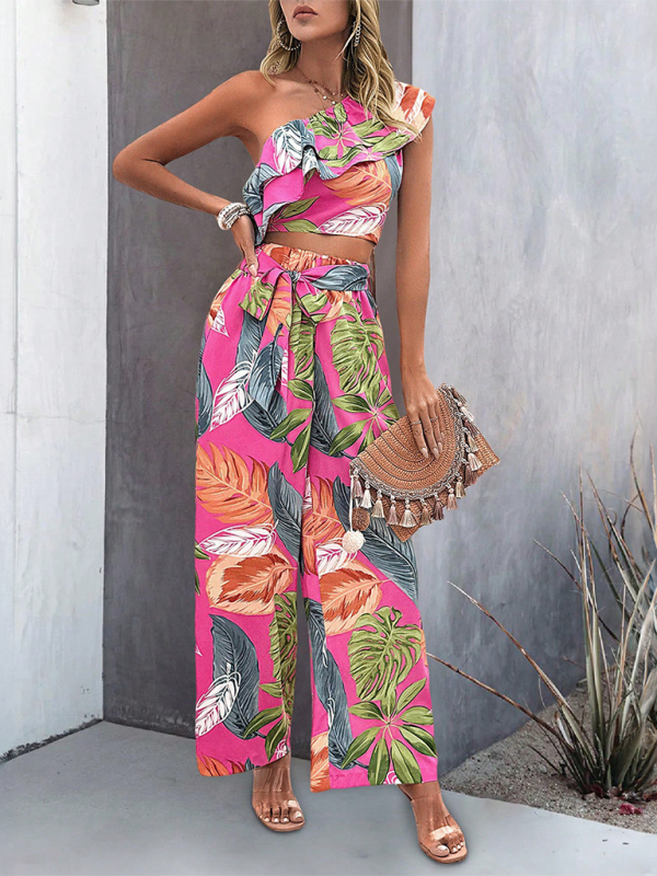 Model posing in Off-Shoulder Contrast Colour Print Co-ord Set with Wide-Leg Pants, demonstrating the chic fit.