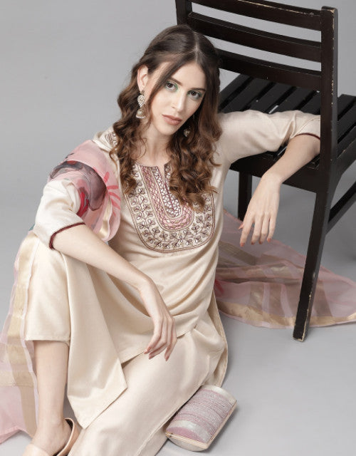 Women Yoke Design Straight Kurta and Palazzo With Dupatta