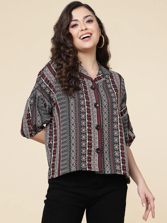 Black Colour Printed Casual Wear Rayon Shirt For Women Desi Soul