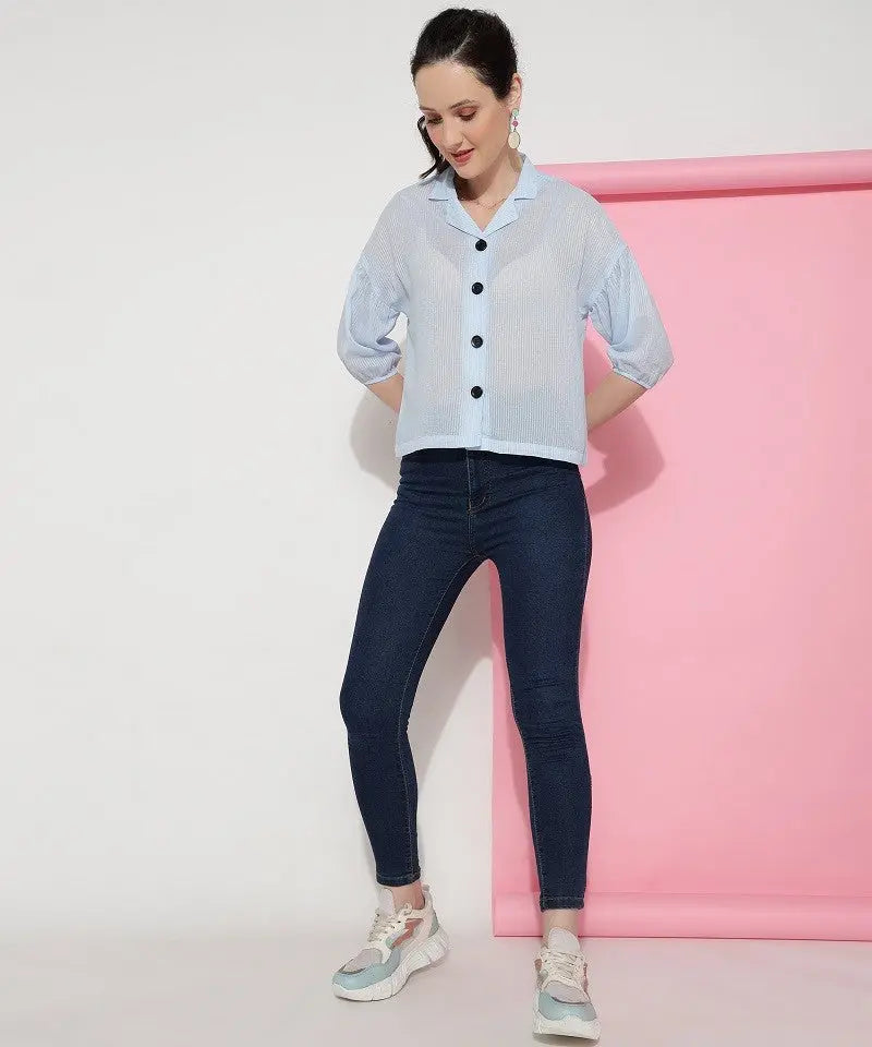 Sky Blue Plain Casual Wear Shirt For Women Desi Soul