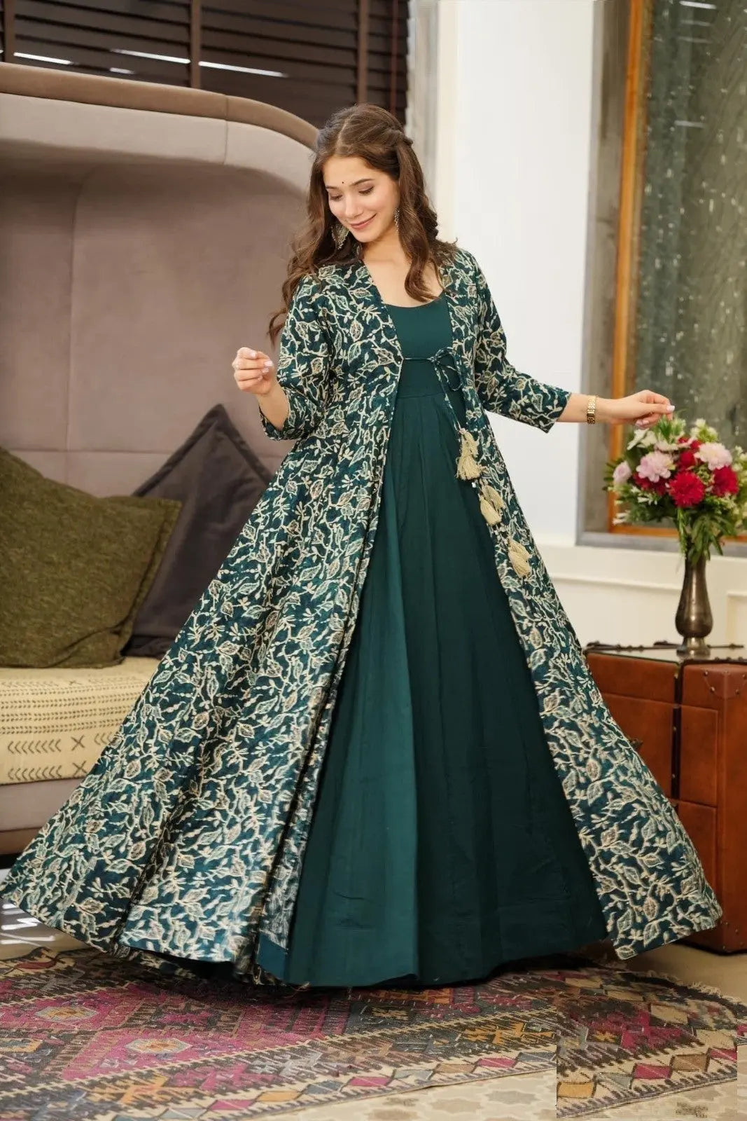 Dark Green floral printed anarkali kurti Desi Soul