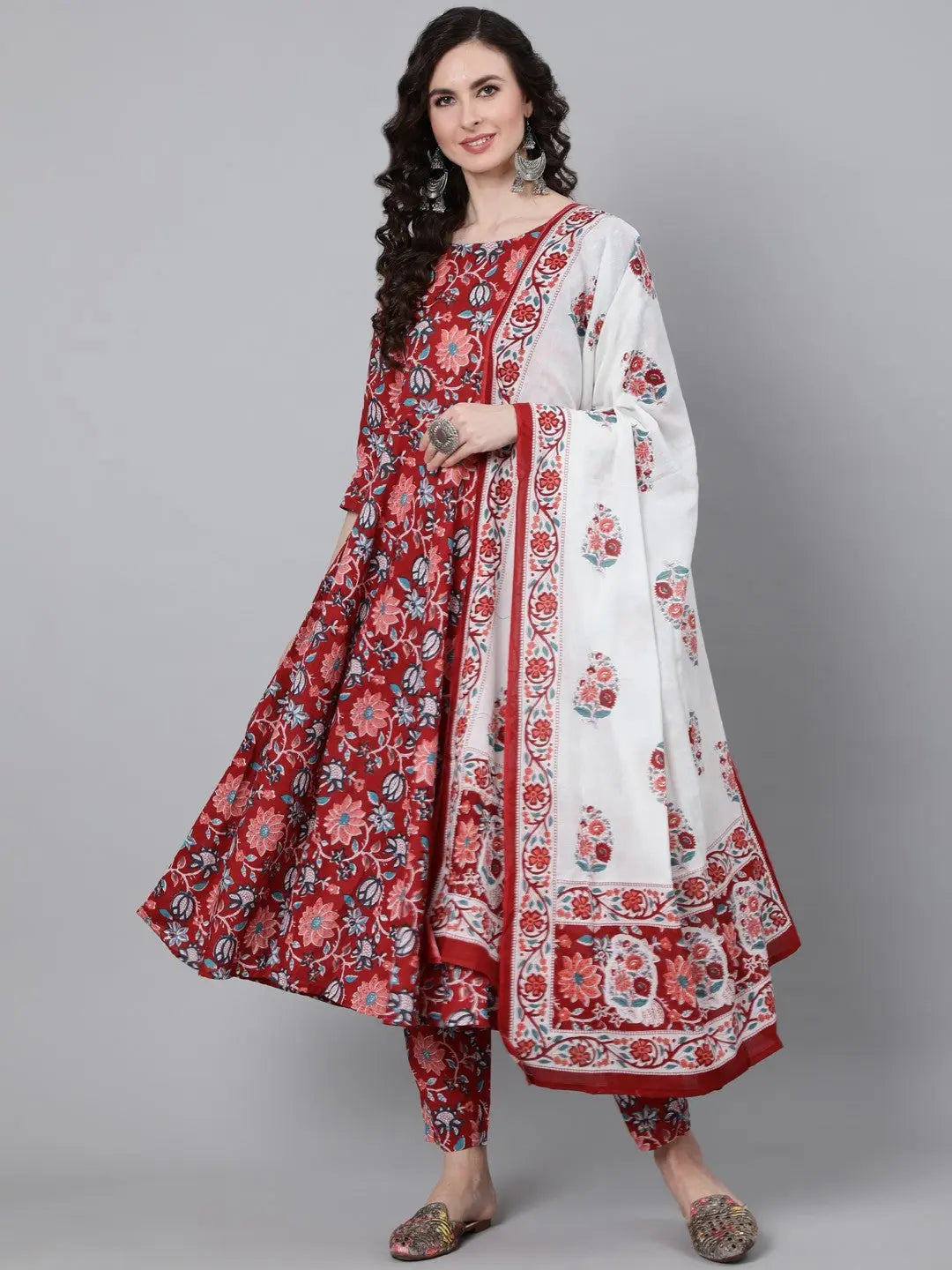 White & Red Fancy Kurti With Bottom Dupatta set Desi Soul