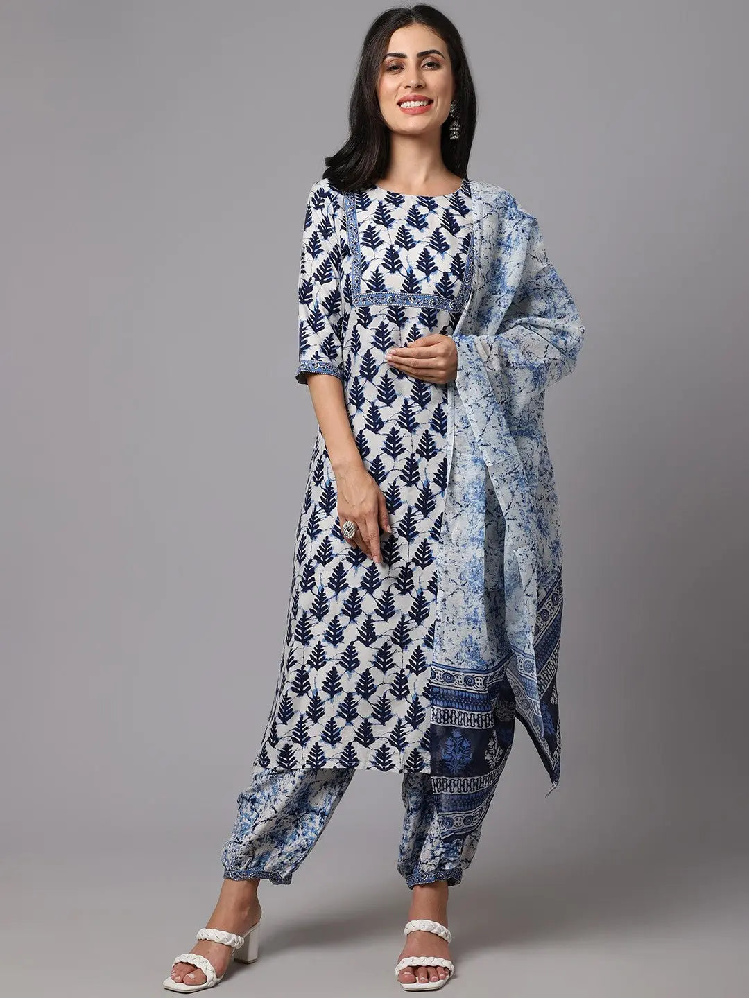 Blue & White Printed Fancy Kurti With Bottom Dupatta set Desi Soul