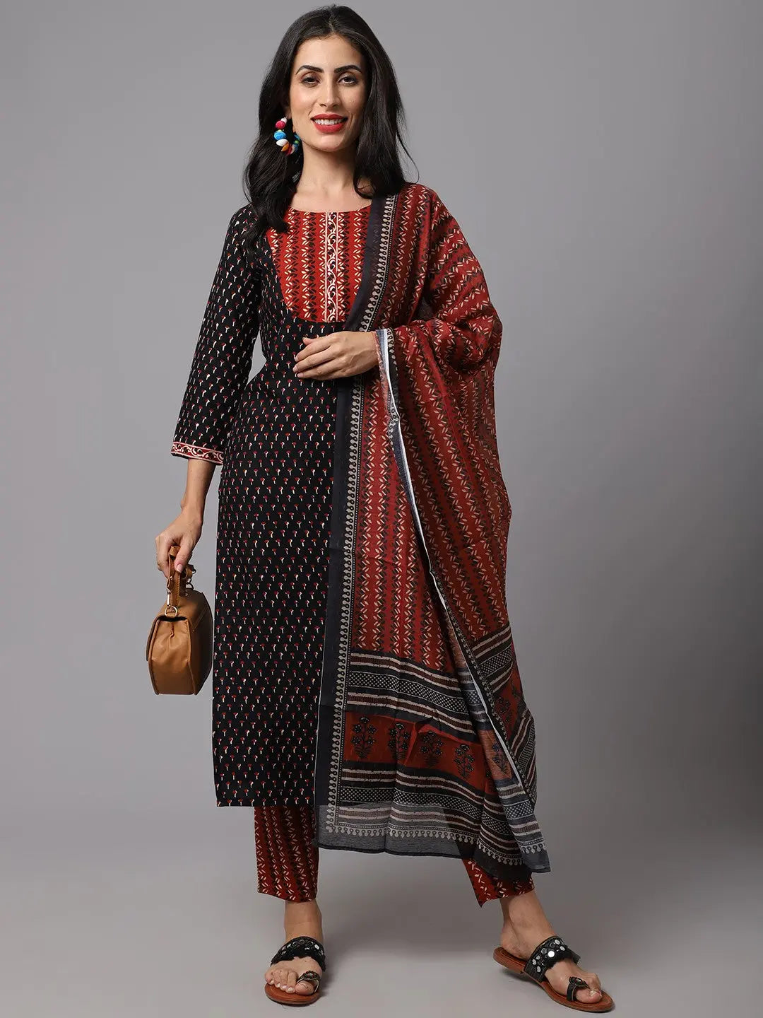 Black & Red Printed Fancy Kurti With Bottom Dupatta set Desi Soul