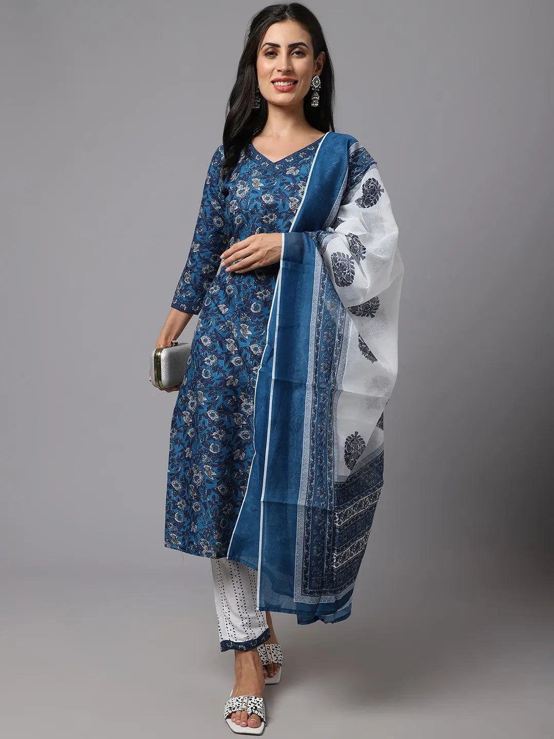 Dark Blue & White Printed Fancy Kurti With White Bottom & Dupatta set Desi Soul