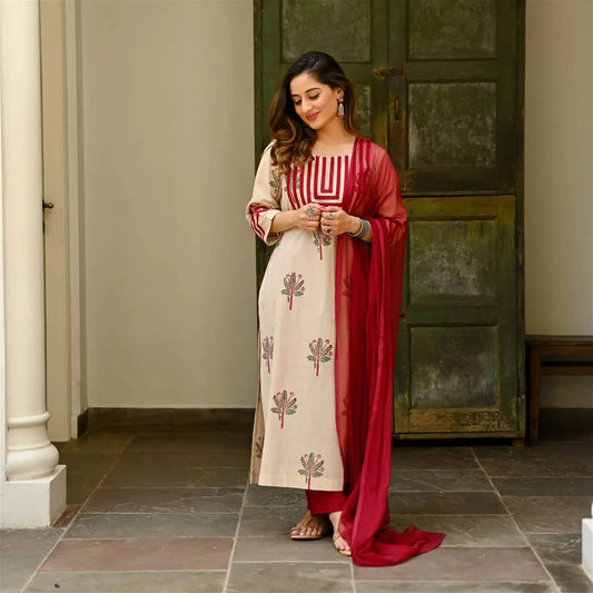 White Printed Fancy Kurti With Red Bottom & Dupatta set Desi Soul