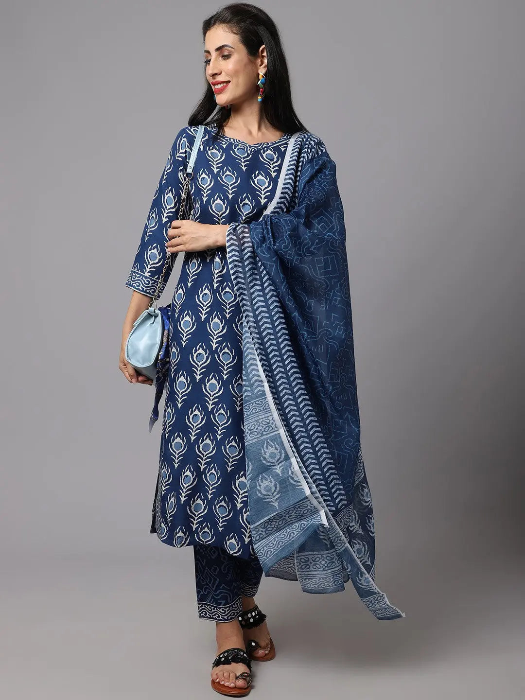 Navy Blue Printed Fancy Kurti With Navy Blue Bottom & Dupatta set Desi Soul