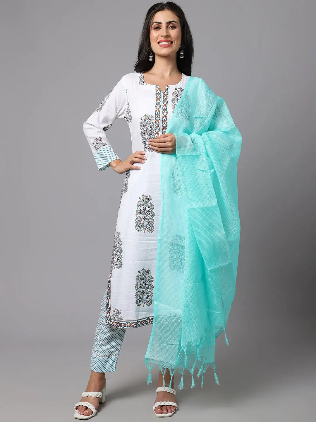 White Printed Fancy Kurti With Cyan Bottom & Dupatta set Desi Soul