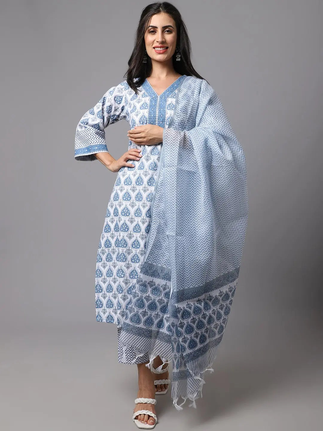 Sky Blue & White Printed Fancy Kurti With Bottom & Dupatta set Desi Soul