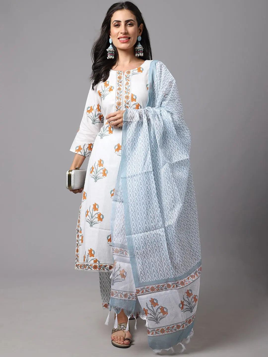 White Printed Fancy Kurti With White Bottom & Dupatta set Desi Soul