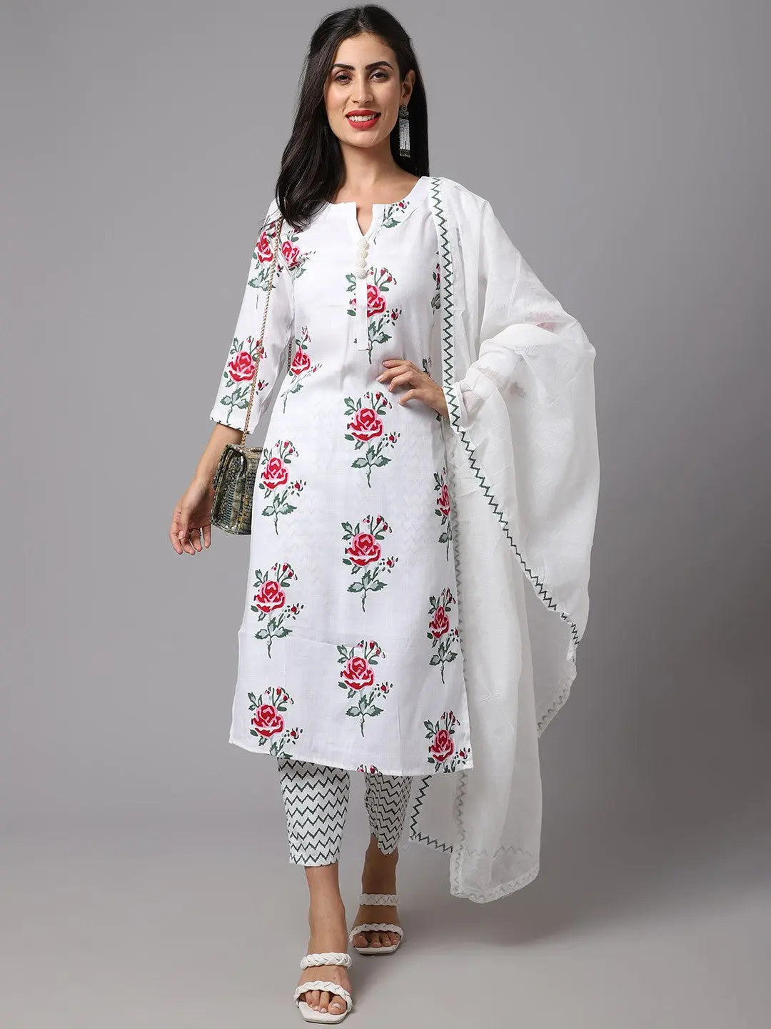 White Floral Printed Fancy Kurti With Bottom & Dupatta set Desi Soul