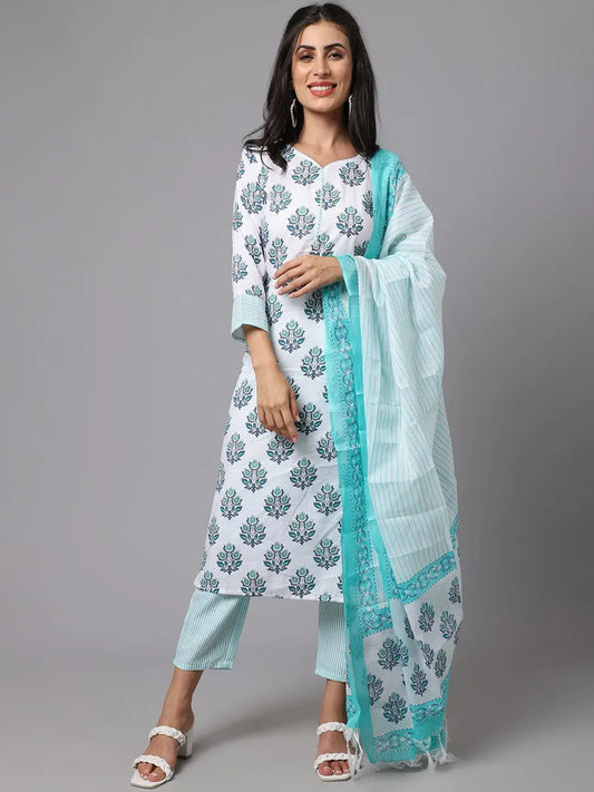 White Floral Printed Fancy Kurti With Bottom & Dupatta set Desi Soul