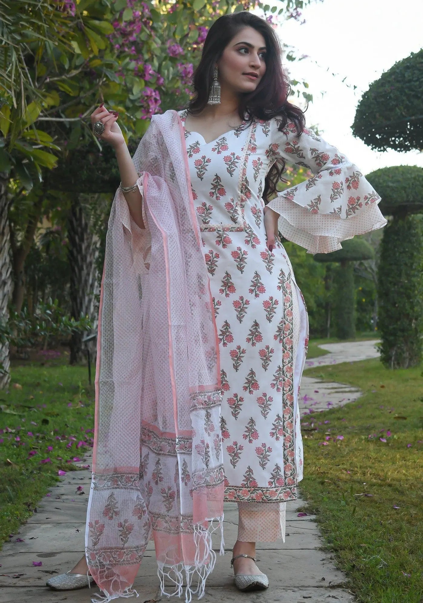 White & Baby Pink Printed Fancy Kurti With Bottom & Dupatta set Desi Soul