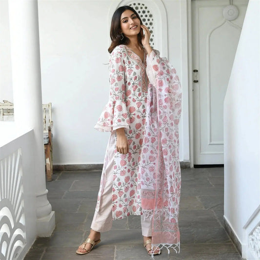 White & Pink Floral Print Fancy Kurti With Bottom & Dupatta set Desi Soul