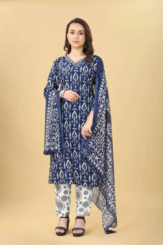 Blue Printed Fancy Kurti With Bottom Dupatta Set Desi Soul