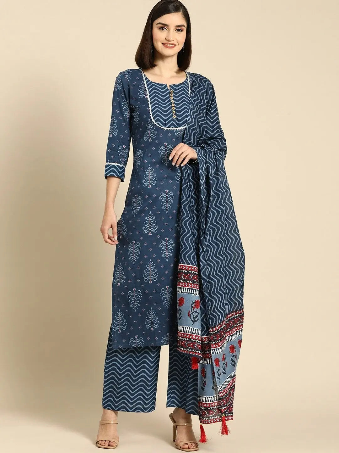 Navy Blue Floral Printed Fancy Kurti With Bottom & Dupatta set Desi Soul