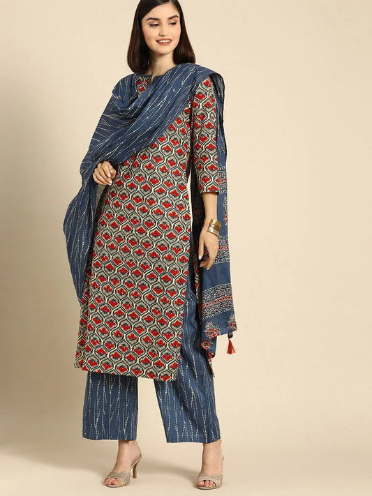 Navy Blue & Maroon Printed Fancy Kurti With Bottom & Dupatta set Desi Soul