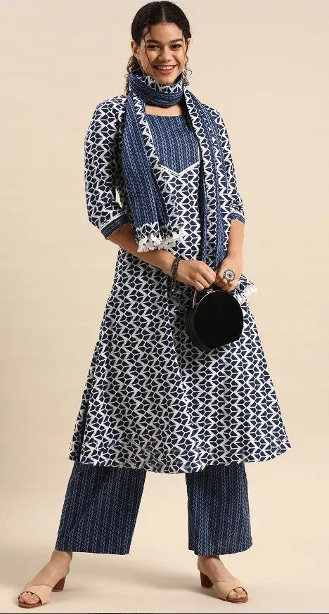 Navy Blue & White Printed Fancy Kurti With Bottom & Dupatta set Desi Soul